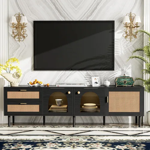 JIVOIT Moderno soporte de TV de ratán para televisores de hasta 80 pulgadas, mesa consola inspirada en ratán con 3 gabinetes y 2 cajones, armario de