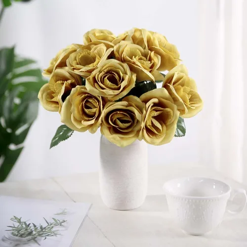 Efavormart - Ramo de 14 rosas artificiales de terciopelo dorado para bricolaje, arreglos florales, hogar, fiesta, jardín, centros de mesa