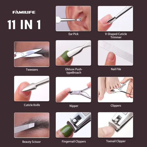 Miniatura 6 de FAMILIFE - Kit de manicura profesional para uñas, 11 en 1, de acero inoxidable, con estuche de viaje portátil de cuero negro, regalos de lujo para él