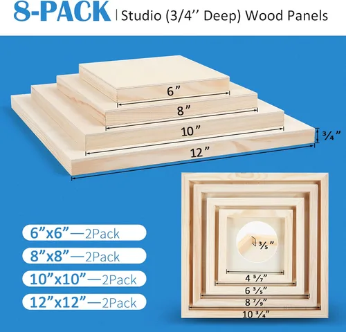 Miniatura 2 de Falling in Art Kit de paneles de lienzo de madera de abedul sin terminar, 8 paquetes de 4 tamaños Studio 3/4 pulgadas de profundidad para verter