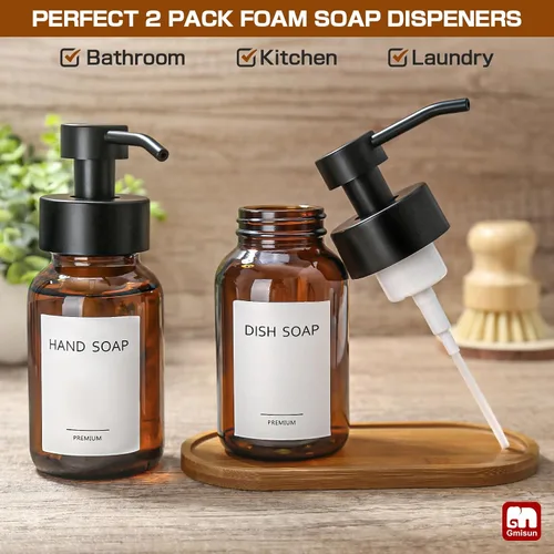 Miniatura 4 de GMISUN Dispensador de jabón espumoso, dispensador de jabón de espuma de vidrio ámbar de 8.5 fl oz / 8.5 fl oz para baño y cocina, paquete de 2