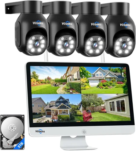 Hiseeu Sistema de cámara de seguridad inalámbrico, todo en uno con monitor LCD de 15 pulgadas, NVR de 10 canales, 4 unidades de cámara PTZ de 5 MP