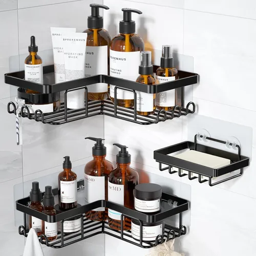 YASONIC Organizador de ducha adhesivo de esquina, con soporte para jabón y 12 ganchos, organizador de baño de acero inoxidable a prueba de óxido,