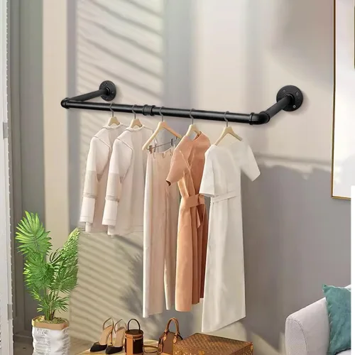 Miniatura 2 de Perchero Industrial de Tubo de Hierro para Colgar Ropa, Barra de Ropa Montada en Pared DIY, Estante de Ropa de Alta Resistencia para Dormitorio