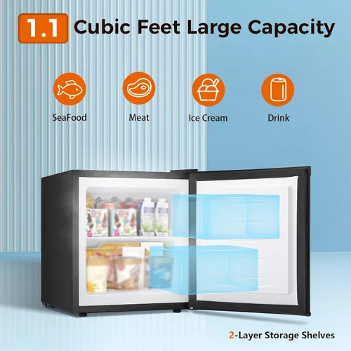 Miniatura 5 de Kismile Mini congelador, congelador vertical de 1.1 pies cúbicos con puerta individual reversible, estantes extraíbles, congelador pequeño con Negro