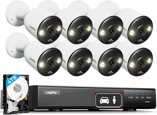 LongPlus Sistema de cámara de seguridad de 12MP, 12MP H.265+ PoE sistema de cámara de seguridad para el hogar, visión nocturna a color de foco,