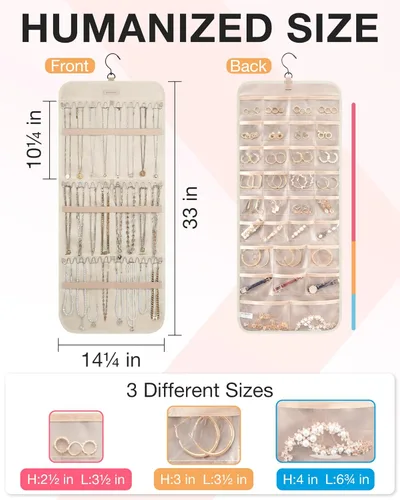 Miniatura 5 de Organizador de joyas colgante BAGSMART con rollo de almacenamiento y ganchos metálicos, soporte doble para aretes, collares, anillos en el armario