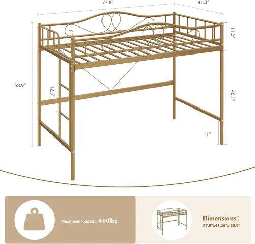 Miniatura 2 de Cama tipo loft individual con escalera ajustable y barandilla de seguridad completa, cama tipo loft, marco de metal resistente de 400 libras