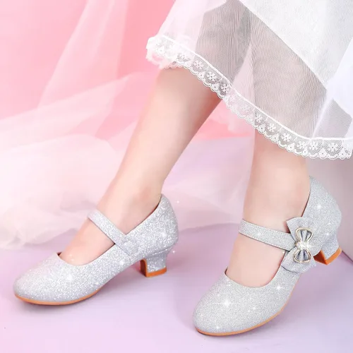 Miniatura 3 de Dufannie Zapatos de vestir para niñas, zapatos de tacón bajo de princesa, zapatos planos con purpurina para bodas y fiestas