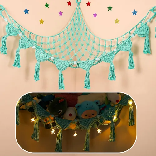 Miniatura 13 de Hamaca para Animales de Peluche de Esquina - 142 cm Jumbo Hecha a Mano de 5mm de Doble Cordón de Macramé para Almacenamiento de Animales de Peluche
