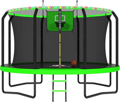 Miniatura 23 de ACWARM HOME Trampoline Outdoor 8FT 10FT 12FT 14FT 15FT 16FT Trampoline with Basketball Hoop and LED Lights, Recreational Trampolines for Kids and