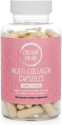 Collagen For Her: Cápsulas de colágeno múltiple para mujeres (tipos I, II, III, V, X), péptidos de colágeno hidrolizados, suplemento vitamínico para