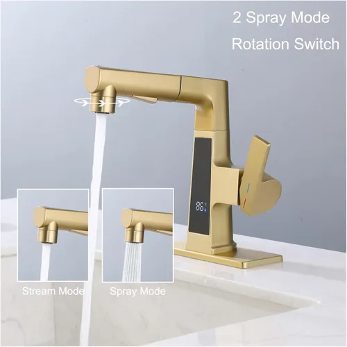 Miniatura 4 de Grifo de baño LED con rociador extraíble, pantalla de temperatura dorada cepillada, 2 modos de pulverización, grifo RV de 1 o 3 agujeros con placa