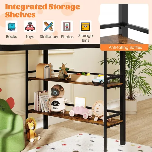 Miniatura 6 de Giantex Cama baja tipo loft tamaño individual, marco de metal resistente con estantes de almacenamiento, escalera y barandillas de longitud