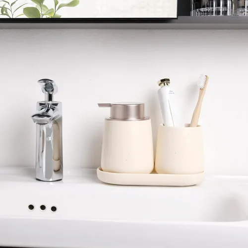 Miniatura 6 de BosilunLife Juego de accesorios de baño 3 piezas - Juego de dispensador de jabón con espuma de cerámica para baño, decoración de baño estilo casa