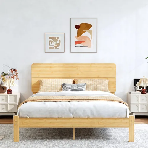 Miniatura 16 de BOSRII Base de cama de madera de bambú maciza de 12 pulgadas de alto tamaño individual con cabecero, listones de metal reforzados, sin ruido,