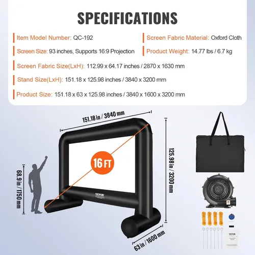 Miniatura 7 de VEVOR Pantalla de cine inflable, pantalla de proyector inflable de 16 pies para exteriores con soplador y bolsa de transporte, proyección