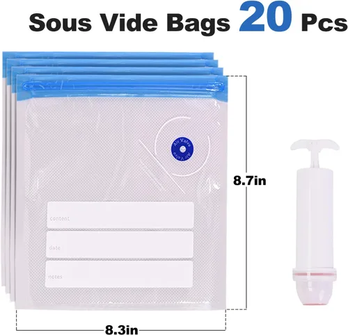 Miniatura 2 de Sous Vide - Bolsas de sellado al vacío reutilizables de 8 x 9 pulgadas para alimentos, bolsa selladora con cremallera al vacío con bomba de mano, 20