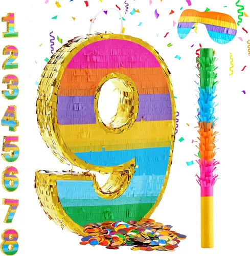 Miniatura 12 de Piñata Arcoíris Número 2 para Decoraciones de Fiesta de 2do Cumpleaños, Piñata de Cumpleaños con Palo, Venda para los Ojos y Confeti, Celebración