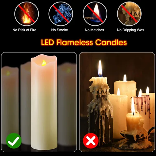 Miniatura 6 de PChero Velas parpadeantes sin llama de 10 x 3 pulgadas con control remoto y temporizadores, velas LED de cera real que funcionan con pilas, juego