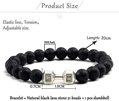 Miniatura 2 de Pulsera de mancuernas de piedra volcánica volcánica negra natural con cuentas mate para mujeres y hombres, pulseras de joyería de barra de fitness