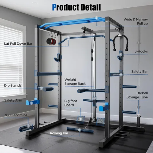 Miniatura 9 de Sportsroyals Jaula de Potencia, Rack de Potencia Multifuncional de 1600 libras con Sistema de Cruce de Cable Ajustable y Más Accesorios de Azul