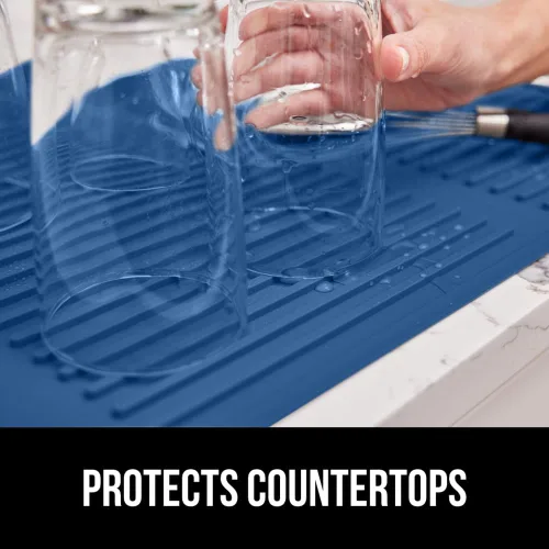 Miniatura 7 de GORILLA GRIP Tapete de secado de platos de silicona patentado 100% sin BPA para encimera de cocina, diseño acanalado para atrapar agua, fácil de Azul