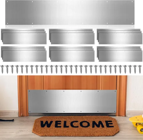 Miniatura 9 de Therwen 5 juegos de placas protectoras plateadas de 8 x 36 pulgadas para puertas exteriores, placas protectoras de aluminio satinado con tornillos