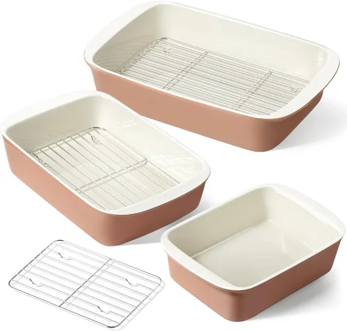 Miniatura 13 de LE TAUCI Fuentes Hondas para Horno, Juego de Fuentes de Cerámica para Hornear de 13.7"x9.6" con Rejillas para Asar, Moldes Grandes para Lasaña