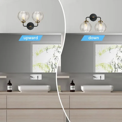 Miniatura 9 de Lámpara de tocador de baño de 2 luces, luces de globo de vidrio transparente, lámpara de montaje en pared negra con pantalla de vidrio acanalado