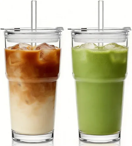Miniatura 10 de Vaso de vidrio acanalado de 20 onzas, tazas de café helado con tapas y pajitas, vaso grueso reutilizable para llevar, ideal para café, batidos