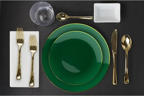 Miniatura 2 de Trendables Juego de platos desechables con cubiertos, color verde para 40, incluye 40 platos, juego de cubiertos con tenedores de plástico