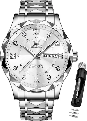Miniatura 17 de OLEVS - Relojes para hombre de diamantes de lujo, casual, esfera grande, acero inoxidable, impermeable, para negocios, de vestir, analógico
