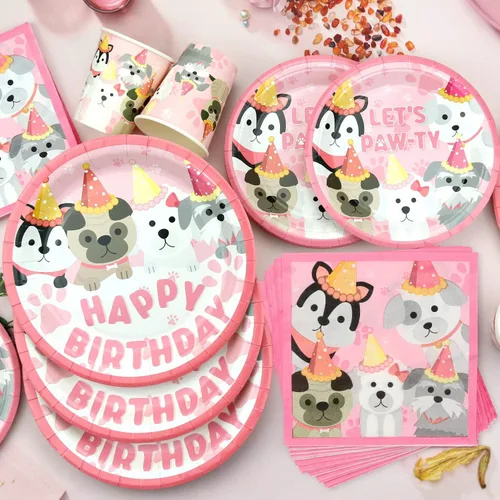 Miniatura 3 de Decoraciones de fiesta de perro, suministros de vajilla de fiesta de cumpleaños con diseño de pata de cachorro rosa, incluye platos llanos de 9