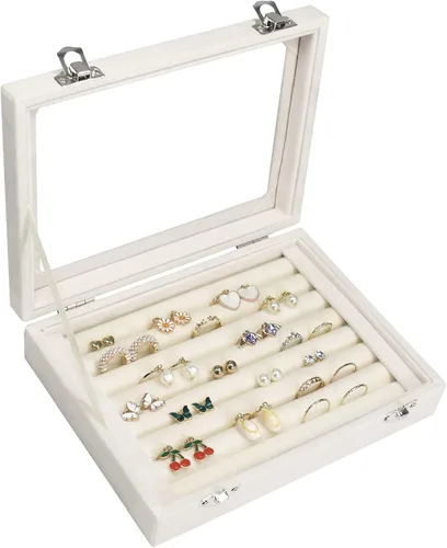 Bandeja organizadora de anillos, 7 ranuras, caja de almacenamiento de joyas de terciopelo para aretes con tapa transparente, estuche de exhibición