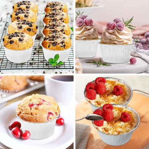 Miniatura 6 de Tazas de papel de aluminio para hornear, Ramekin desechables de 4 onzas, forros de aluminio para cupcakes, 150 piezas de papel plateado