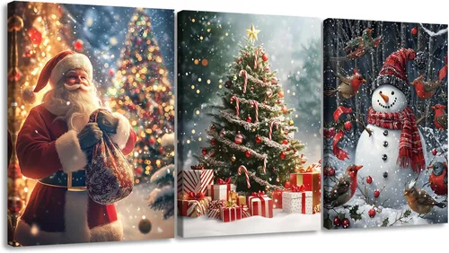 Miniatura 11 de Pennimor Lienzo decorativo para pared de Navidad, juego de 3 marcos de 12 x 16 pulgadas, decoración navideña a cuadros rojos y negros, póster