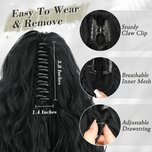 Miniatura 5 de BARSDAR Extensión de cola de caballo negra, extensiones de cabello de cola de caballo con clip de garra de 18 pulgadas para mujer, extensiones
