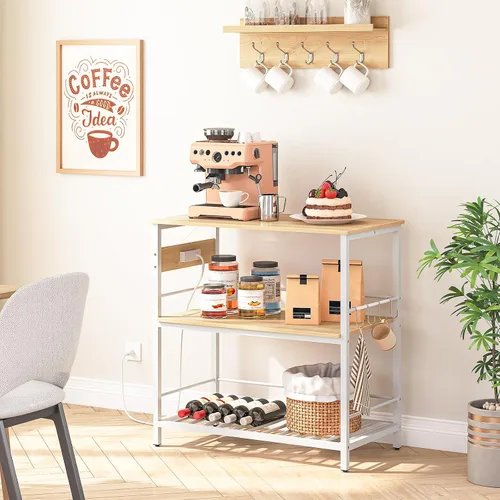 Miniatura 4 de HOOBRO Isla de cocina con almacenamiento, mesa de isla de cocina con toma de corriente, estación de café de 3 niveles y soporte para microondas