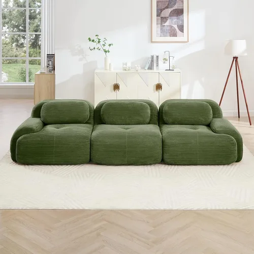 Miniatura 3 de Sofá moderno comprimido sin armazón de 116", sofás seccionales de 3 plazas para sala de estar, sofá seccional modular de pana verde nube, espuma