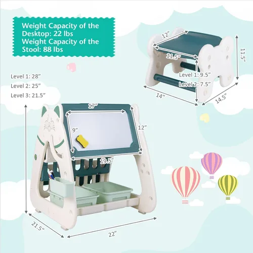 Miniatura 7 de Costzon Caballete de arte 3 en 1 para niños, pizarra magnética de borrado en seco de doble cara y estante para libros para niños con silla