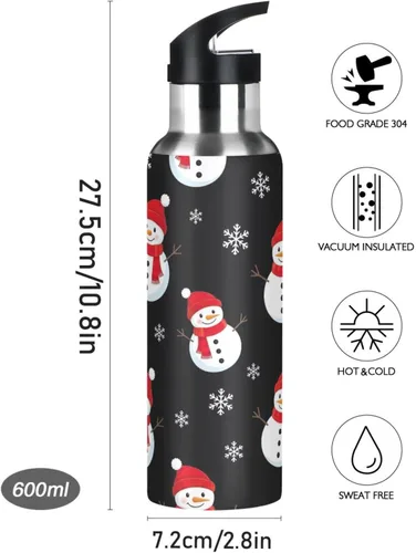 Miniatura 9 de Cute Snowmen Black Stainless Steel Vacuum Insulated Water Bottle 20 Oz Leakproof Water Bottles, BPA-Free Sports Water Bottle with Straw