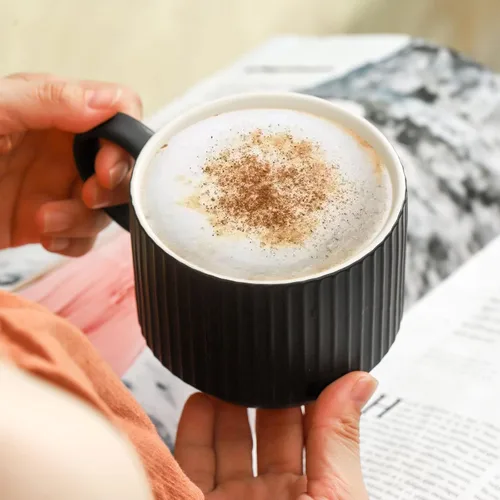 Miniatura 7 de HASENSE Juego de 4 tazas de café de cerámica con soporte, tazas grandes apilables para café con soporte de metal, aptas para lavavajillas y Negro