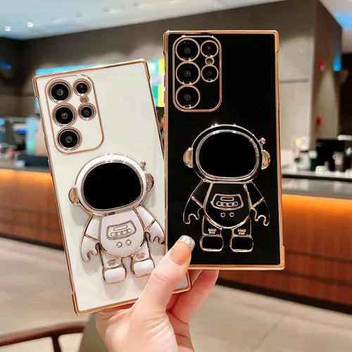 Miniatura 4 de phylla Funda de teléfono para Samsung Galaxy S22 Ultra de 6.8 pulgadas, funda de teléfono de lujo con chapado, soporte de astronauta con bonito Negro