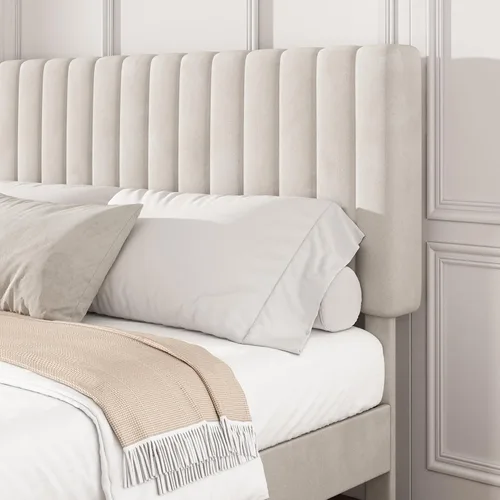 Miniatura 4 de Base de cama de plataforma de tamaño matrimonial con cabecera capitoné de canal vertical, no necesita somier, sin ruido, fácil montaje, terciopelo