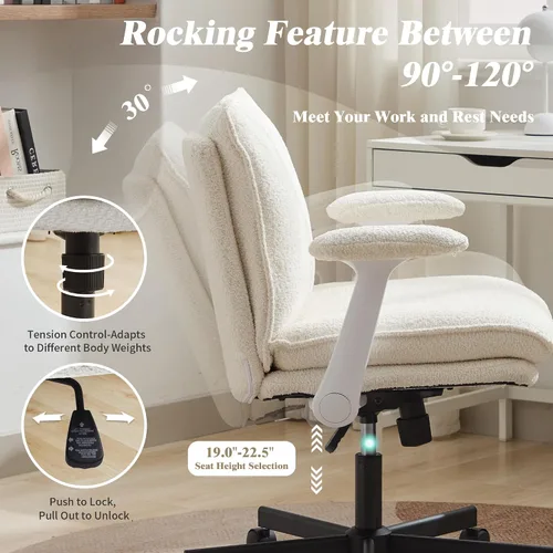 Miniatura 6 de Kassipo Silla de Oficina con Patas Entrecruzadas con Ruedas y Brazos Abatibles, Silla de Escritorio Tapizada con Patas Entrecruzadas, Sillas