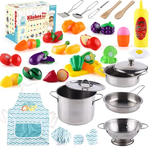 Juego de 35 piezas de accesorios de cocina con utensilios de cocina de acero inoxidable, utensilios de cocina, delantal, sombrero de chef y comida