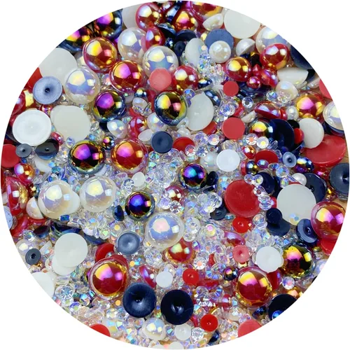 Miniatura 23 de Cuentas de resina con diamantes de imitación, mitad redonda, cuentas de perlas planas de 30 g, cuentas de media perla con diamantes de imitación