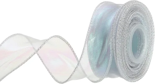 Miniatura 30 de MECCANIXITY - Cinta de organza con cable de 1 1/2" de ancho, brillante, transparente, con brillo irisado en tonos pastel, cinta de gasa para Beige