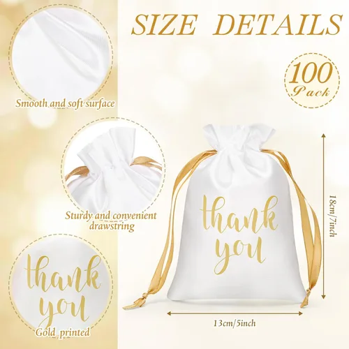 Miniatura 2 de Roowest 100 piezas de bolsas de regalo de satén con cordón para agradecimiento, bolsas de joyería y caramelos para boda, despedida de soltera, Blanco